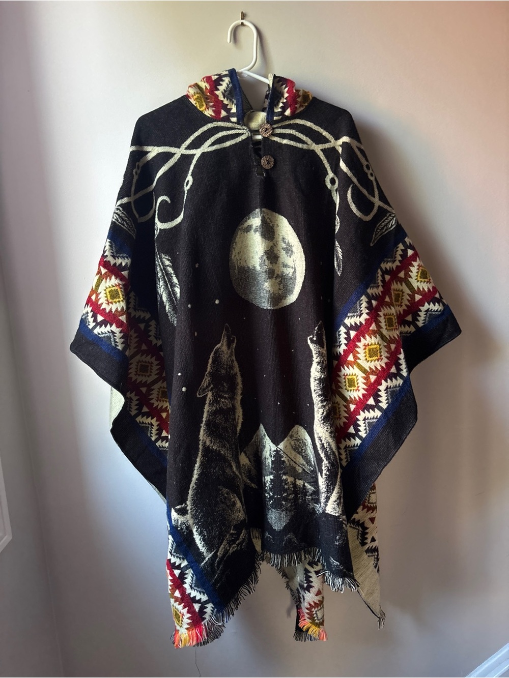 Black Moon Wolf Hooded Poncho Alpaca Wool Handmade in Ecuador